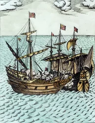 Um navio de tesouro espanhol saqueado por Francis Drake (c.1540-96) no Pacífico (posterior coloração)